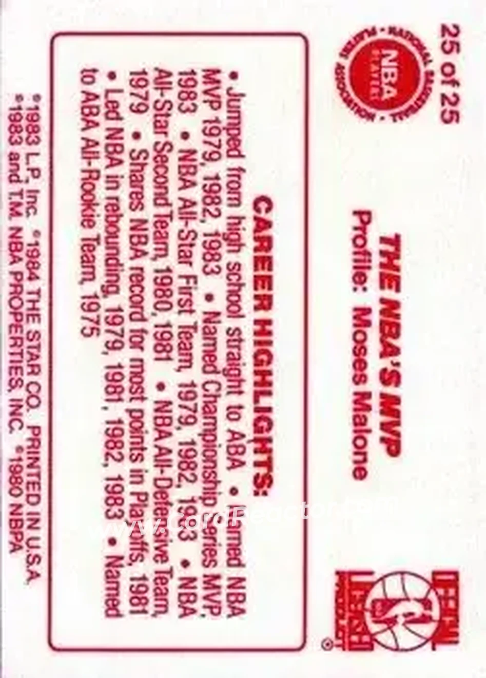 1983-84 Star Sixers Champs #25 - Moses Malone - Philadelphia 76ers - Back