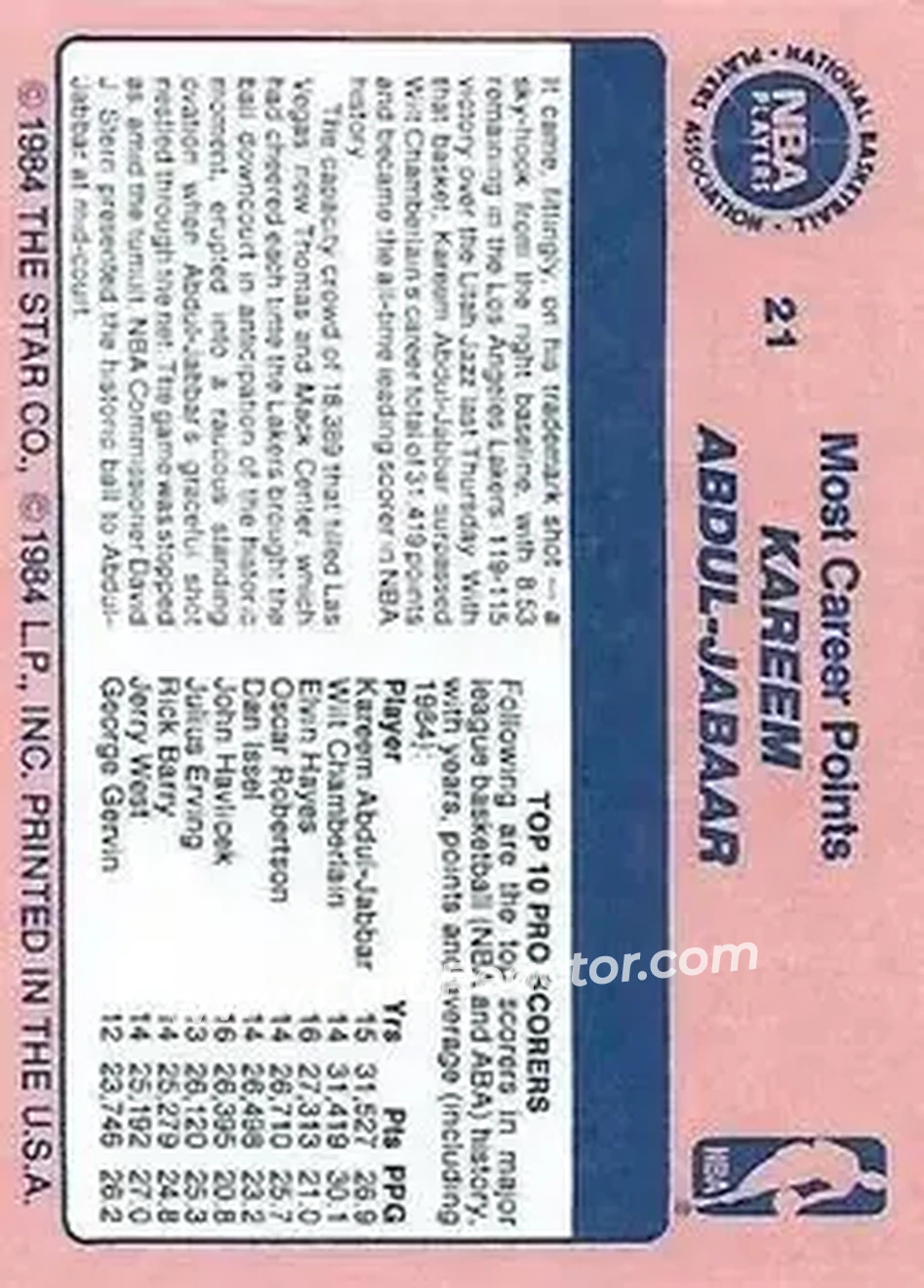 1984 Star Awards Banquet #21 - Kareem Abdul-Jabbar - Los Angeles Lakers - Back