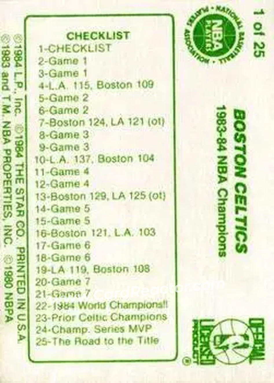 1984 Star Celtics Champs #1 - Card #1 - Boston Celtics - Back