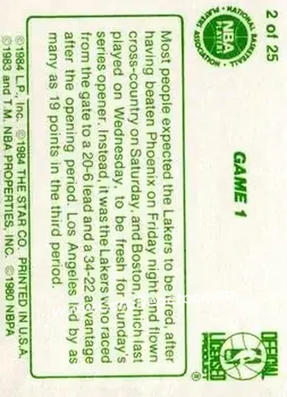 1984 Star Celtics Champs #2 - Card #2 - Los Angeles Lakers - Back 1984 Star Celtics Champs #2 - Card #2 - Los Angeles Lakers - Back