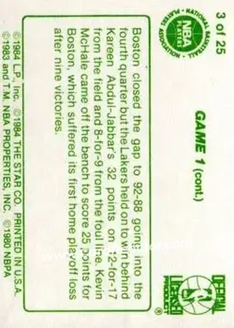1984 Star Celtics Champs #3 - Card #3 - Boston Celtics - Back