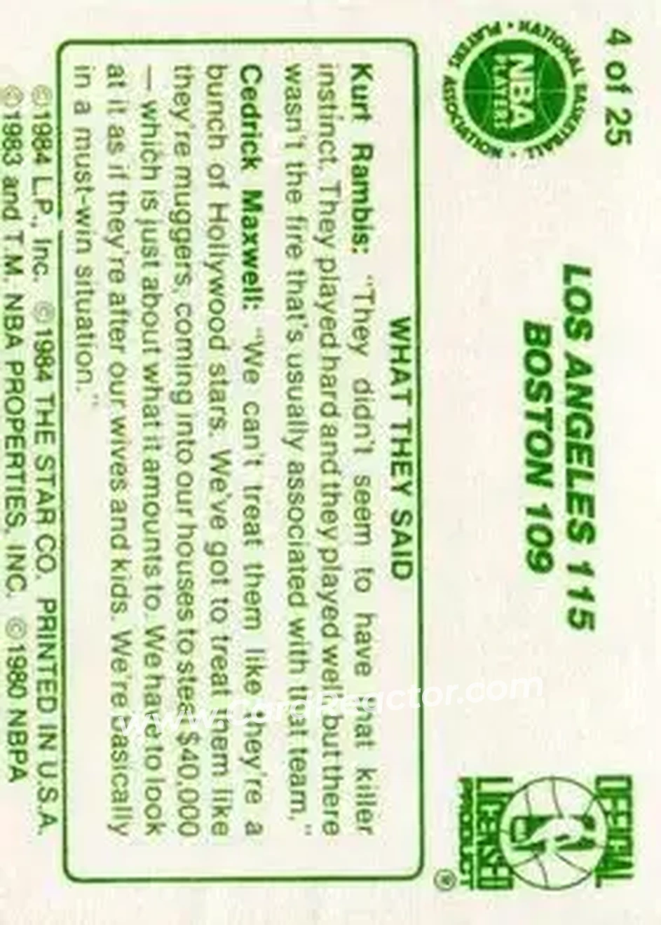 1984 Star Celtics Champs #4 - Card #4 - Boston Celtics - Back