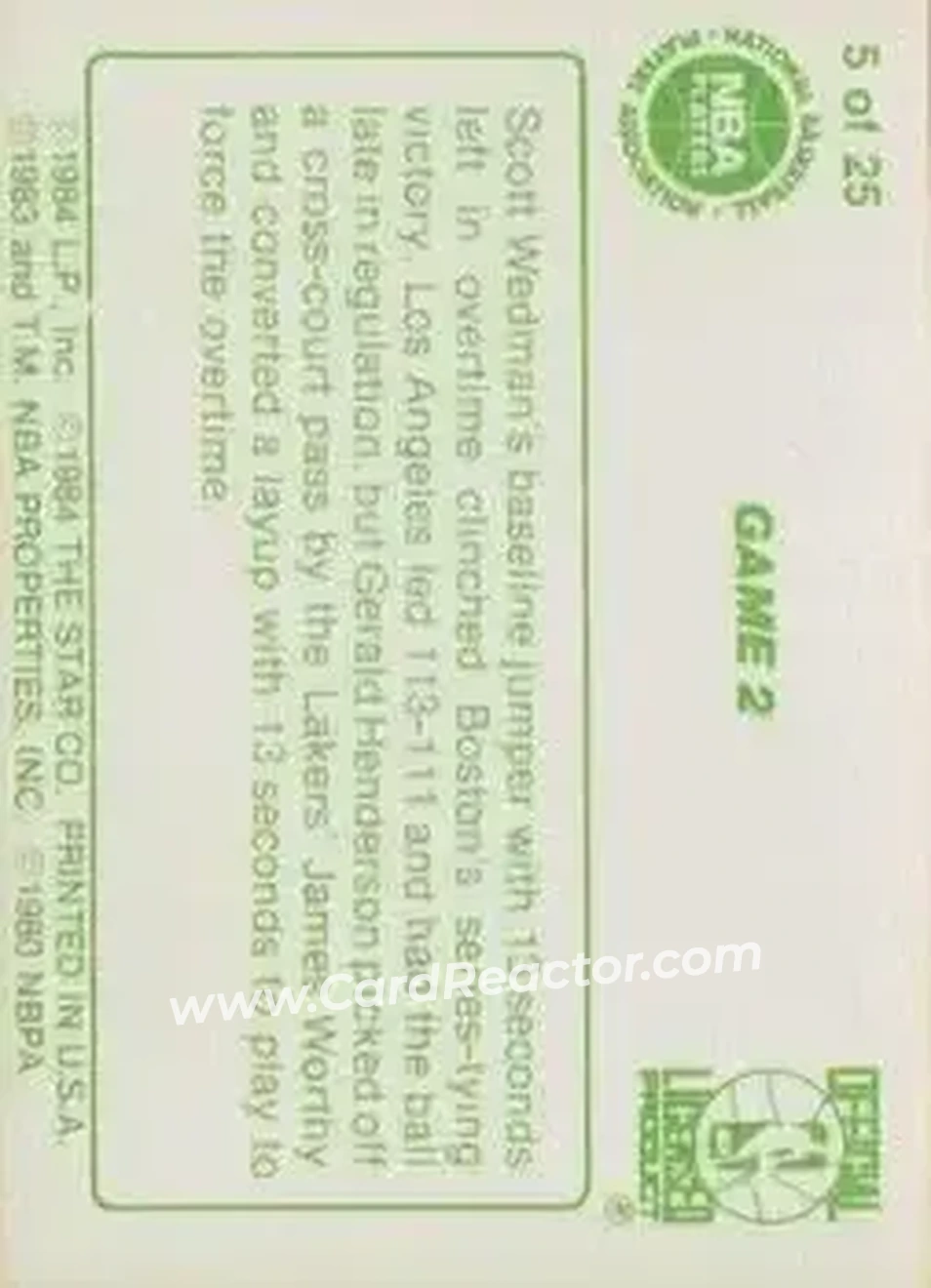 1984 Star Celtics Champs #5 - Card #5 - Los Angeles Lakers - Back