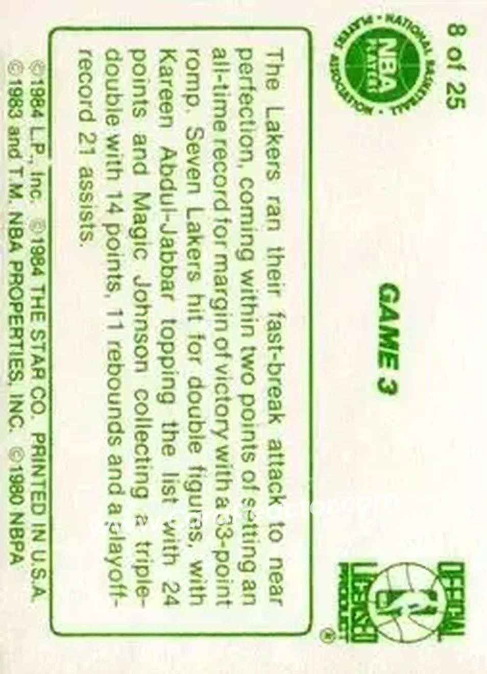 1984 Star Celtics Champs #8 - Card #8 - Los Angeles Lakers - Back