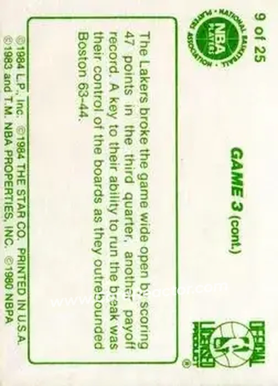 1984 Star Celtics Champs #9 - Card #9 - Los Angeles Lakers - Back