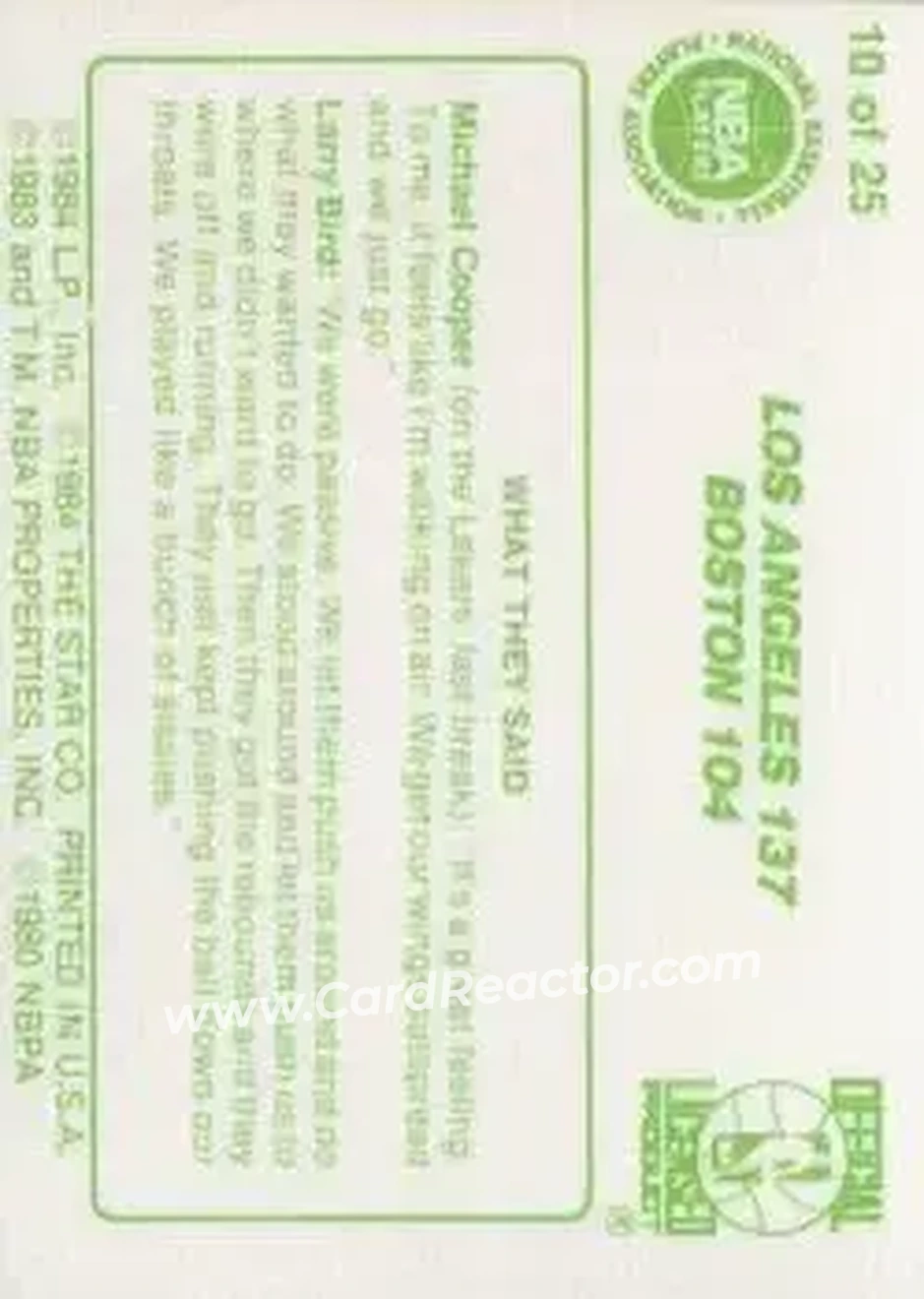 1984 Star Celtics Champs #10 - Card #10 - Los Angeles Lakers - Back