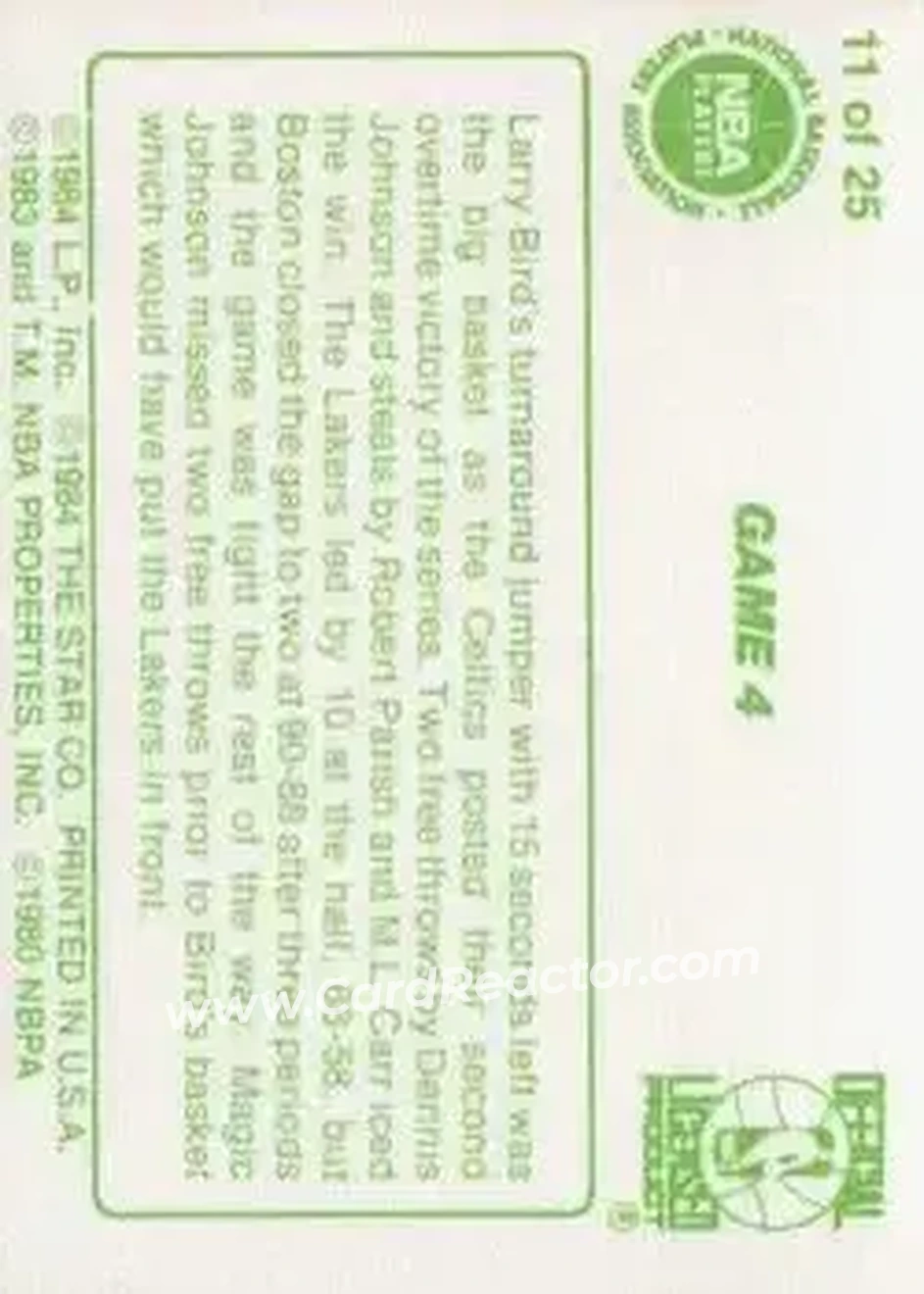 1984 Star Celtics Champs #11 - Card #11 - Los Angeles Lakers - Back