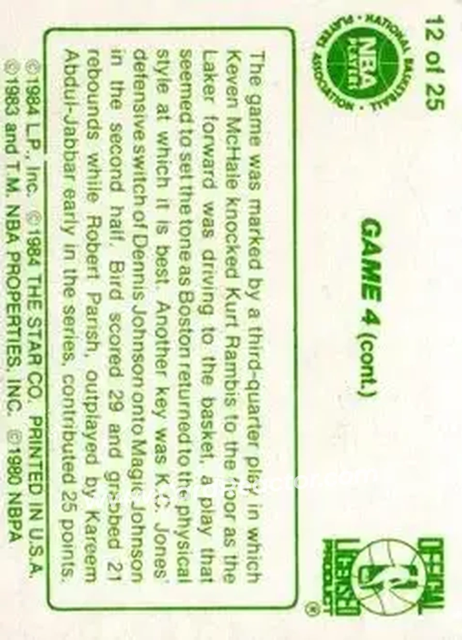 1984 Star Celtics Champs #12 - Card #12 - Boston Celtics - Back