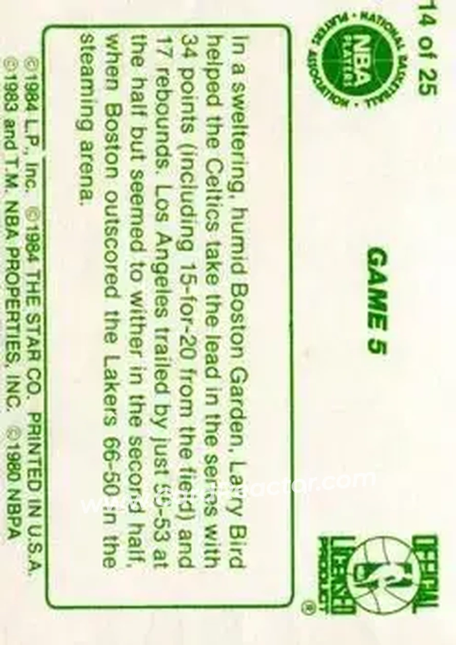 1984 Star Celtics Champs #14 - Card #14 - Boston Celtics - Back