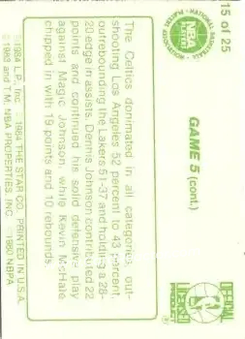1984 Star Celtics Champs #15 - Card #15 - Los Angeles Lakers - Back