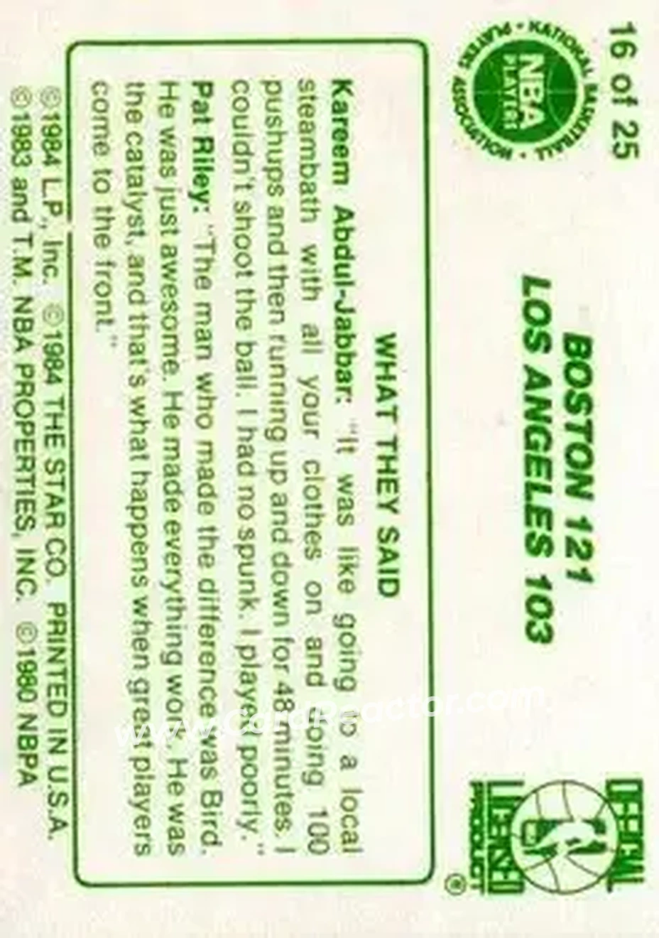 1984 Star Celtics Champs #16 - Card #16 - Los Angeles Lakers - Back