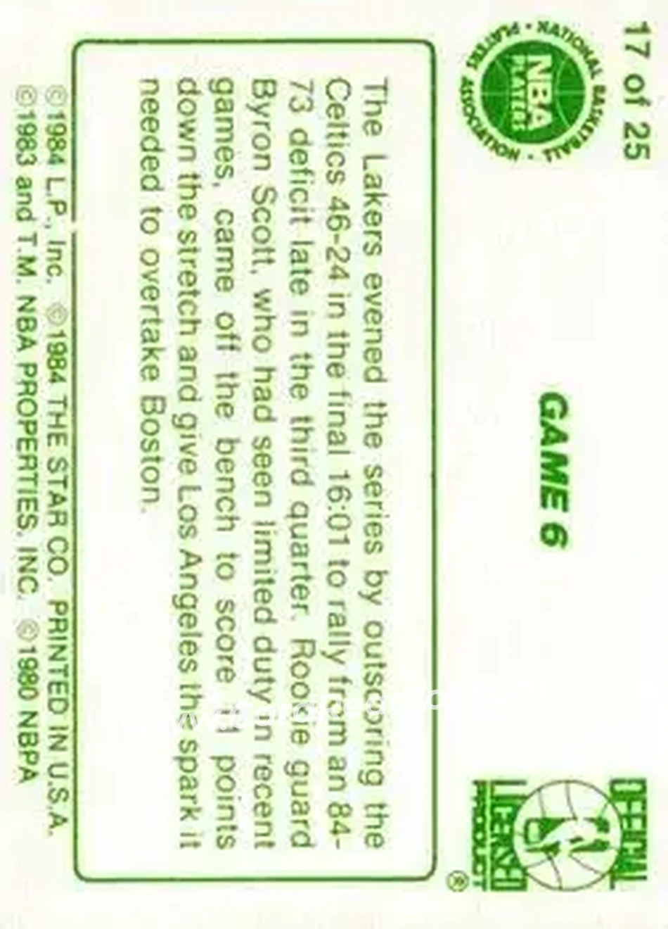 1984 Star Celtics Champs #17 - Card #17 - Boston Celtics - Back