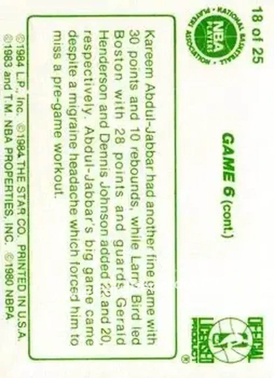 1984 Star Celtics Champs #18 - Card #18 - Los Angeles Lakers - Back