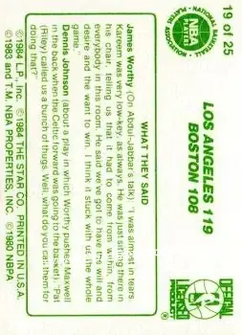 1984 Star Celtics Champs #19 - Card #19 - Boston Celtics - Back
