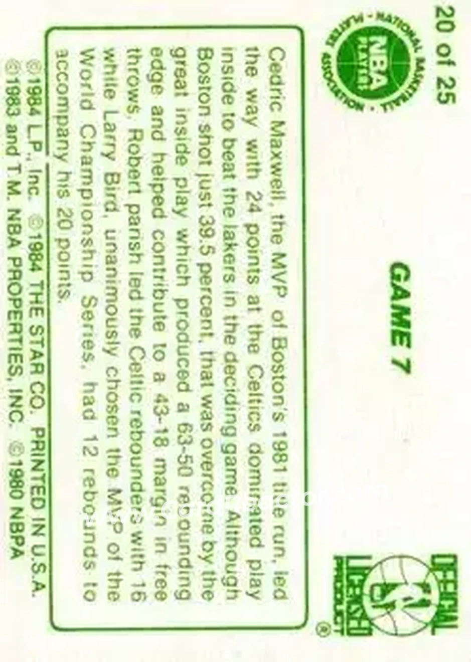 1984 Star Celtics Champs #20 - Card #20 - Los Angeles Lakers - Back