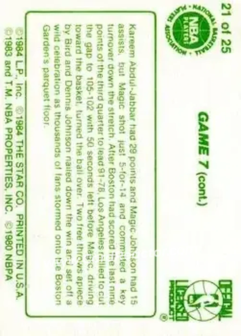 1984 Star Celtics Champs #21 - Card #21 - Boston Celtics - Back