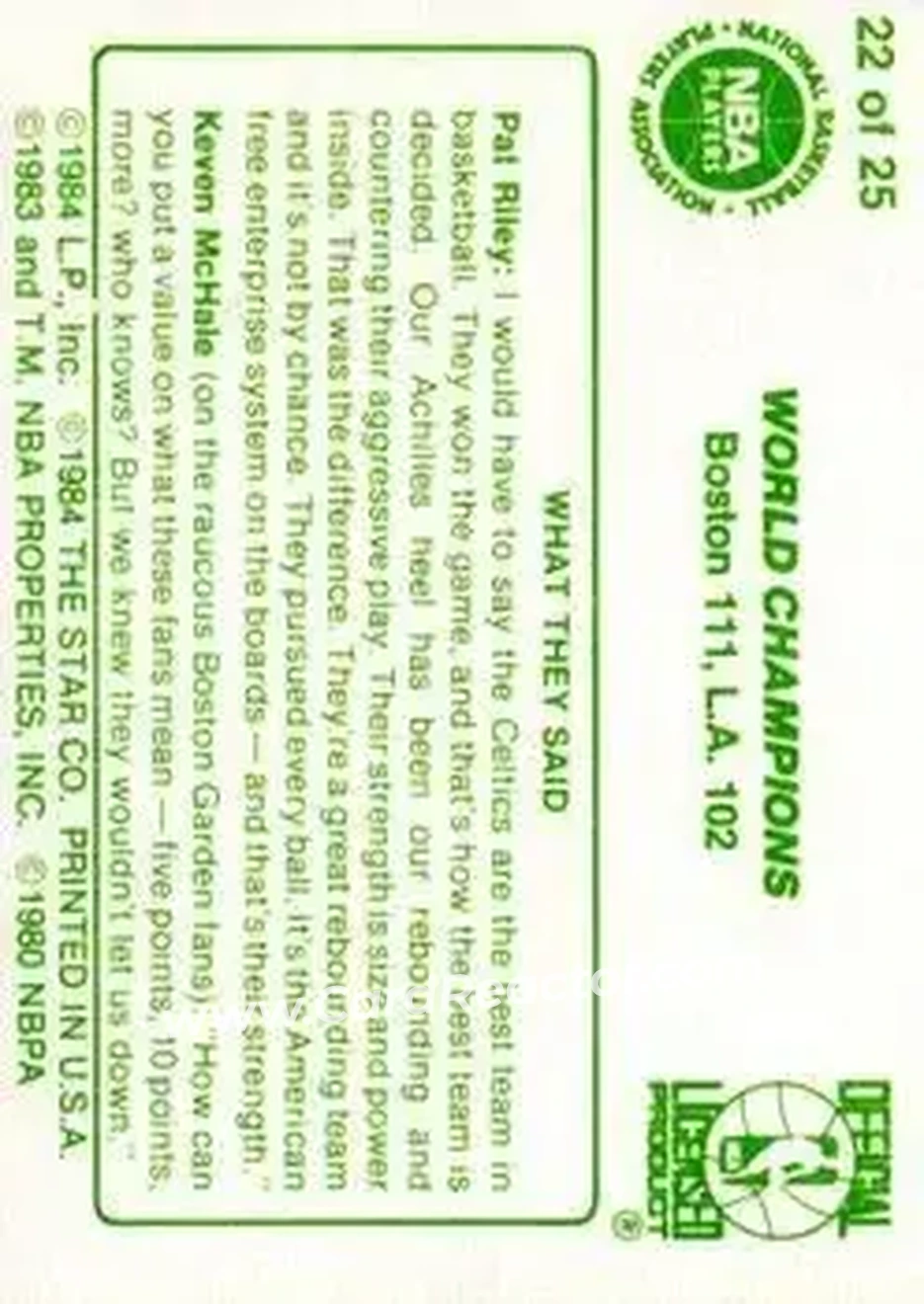 1984 Star Celtics Champs #22 - Card #22 - Boston Celtics - Back