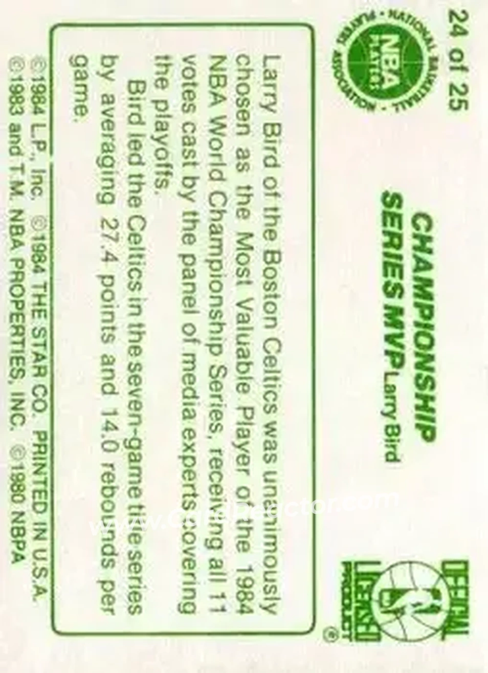 1984 Star Celtics Champs #24 - Card #24 - Boston Celtics - Back