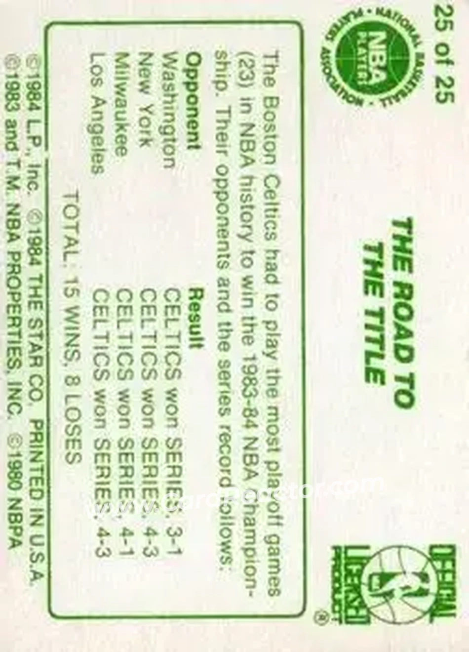 1984 Star Celtics Champs #25 - Card #25 - Boston Celtics - Back