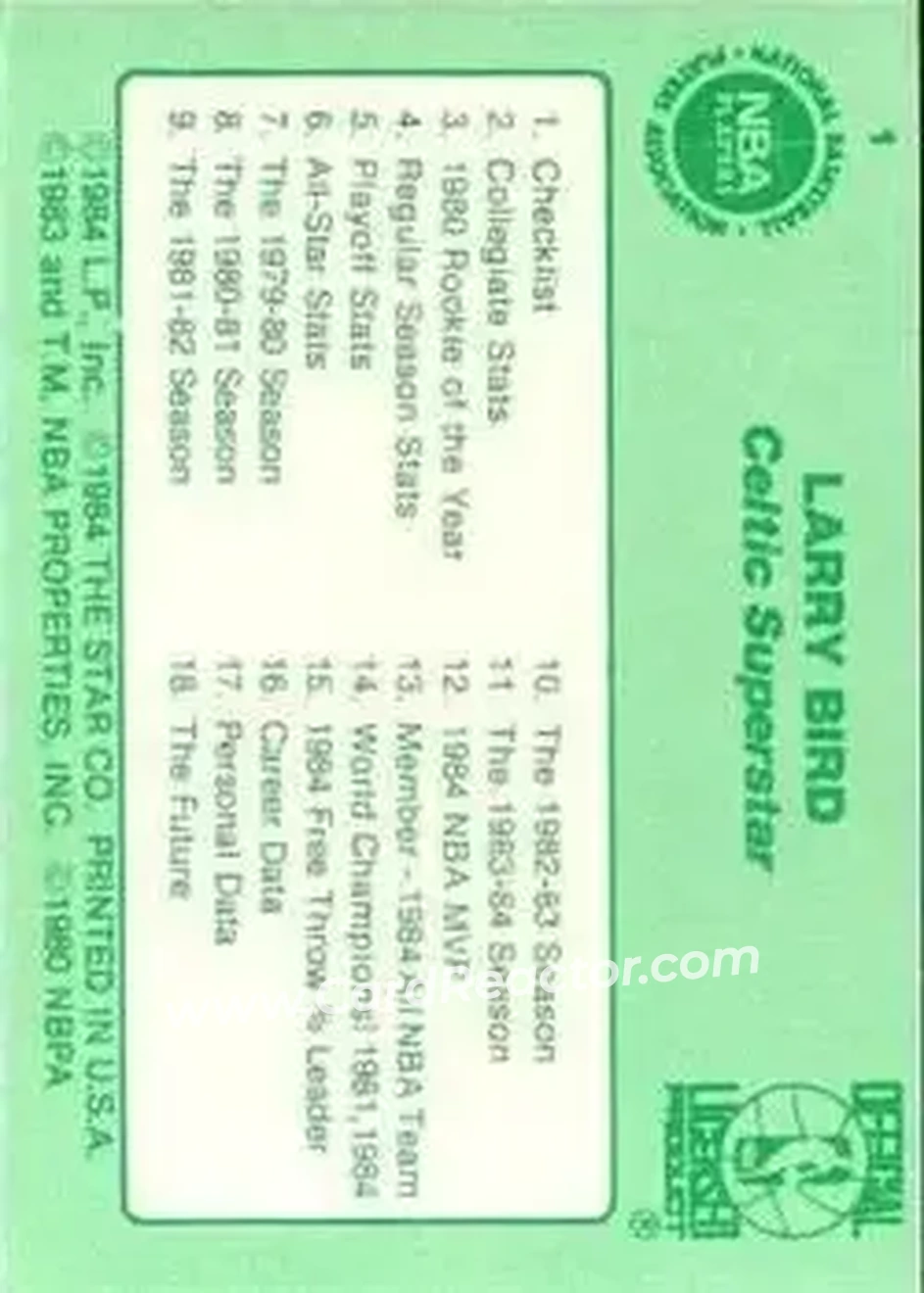 1984 Star Larry Bird #1 - Larry Bird - Boston Celtics - Back 1984 Star Larry Bird #1 - Larry Bird - Boston Celtics - Back