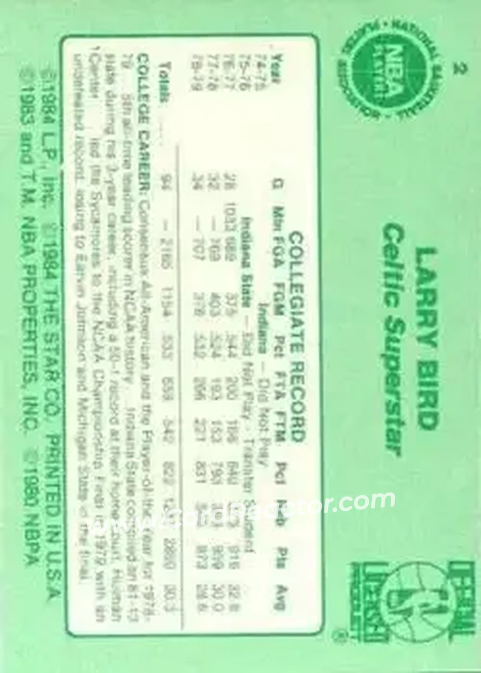1984 Star Larry Bird #2 - Larry Bird - Boston Celtics - Back
