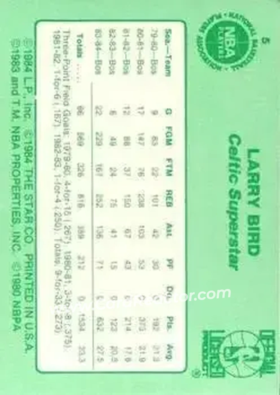 1984 Star Larry Bird #5 - Larry Bird - Boston Celtics - Back