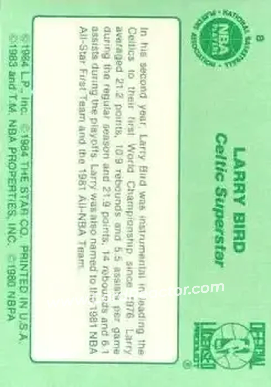 1984 Star Larry Bird #8 - Larry Bird - Boston Celtics - Back