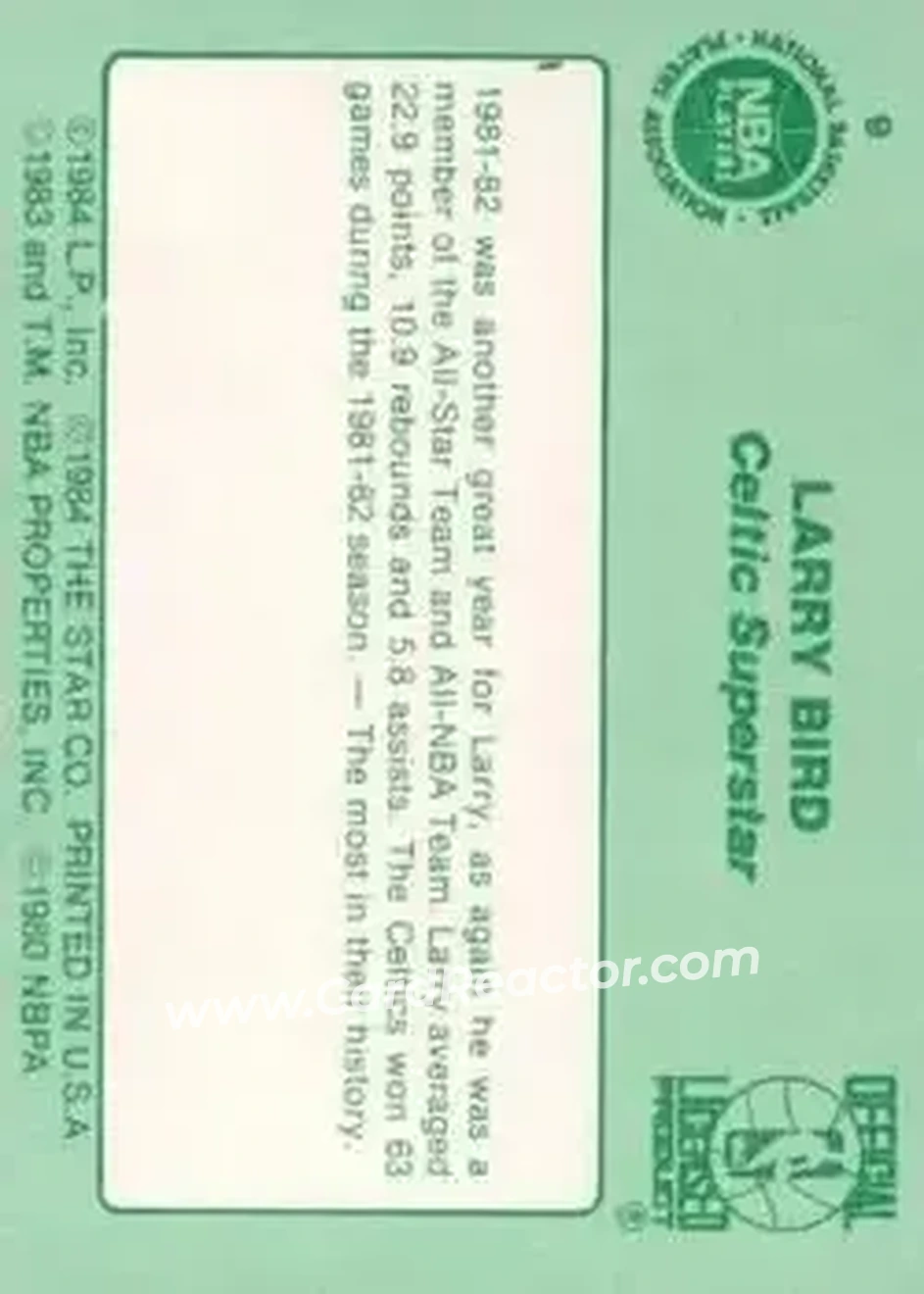 1984 Star Larry Bird #9 - Larry Bird - Boston Celtics - Back