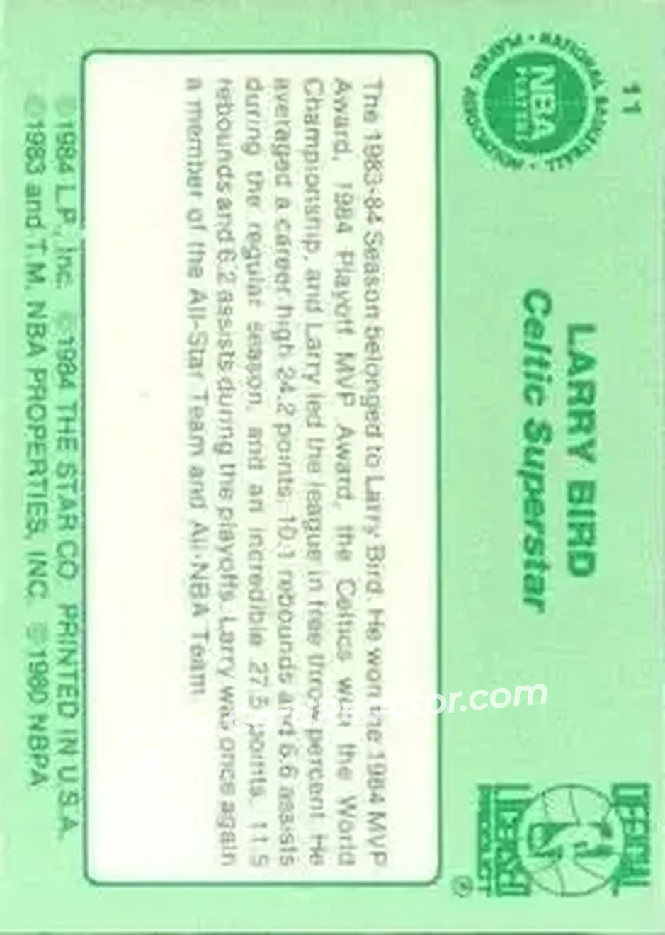 1984 Star Larry Bird #11 - Larry Bird - Boston Celtics - Back 1984 Star Larry Bird #11 - Larry Bird - Boston Celtics - Back