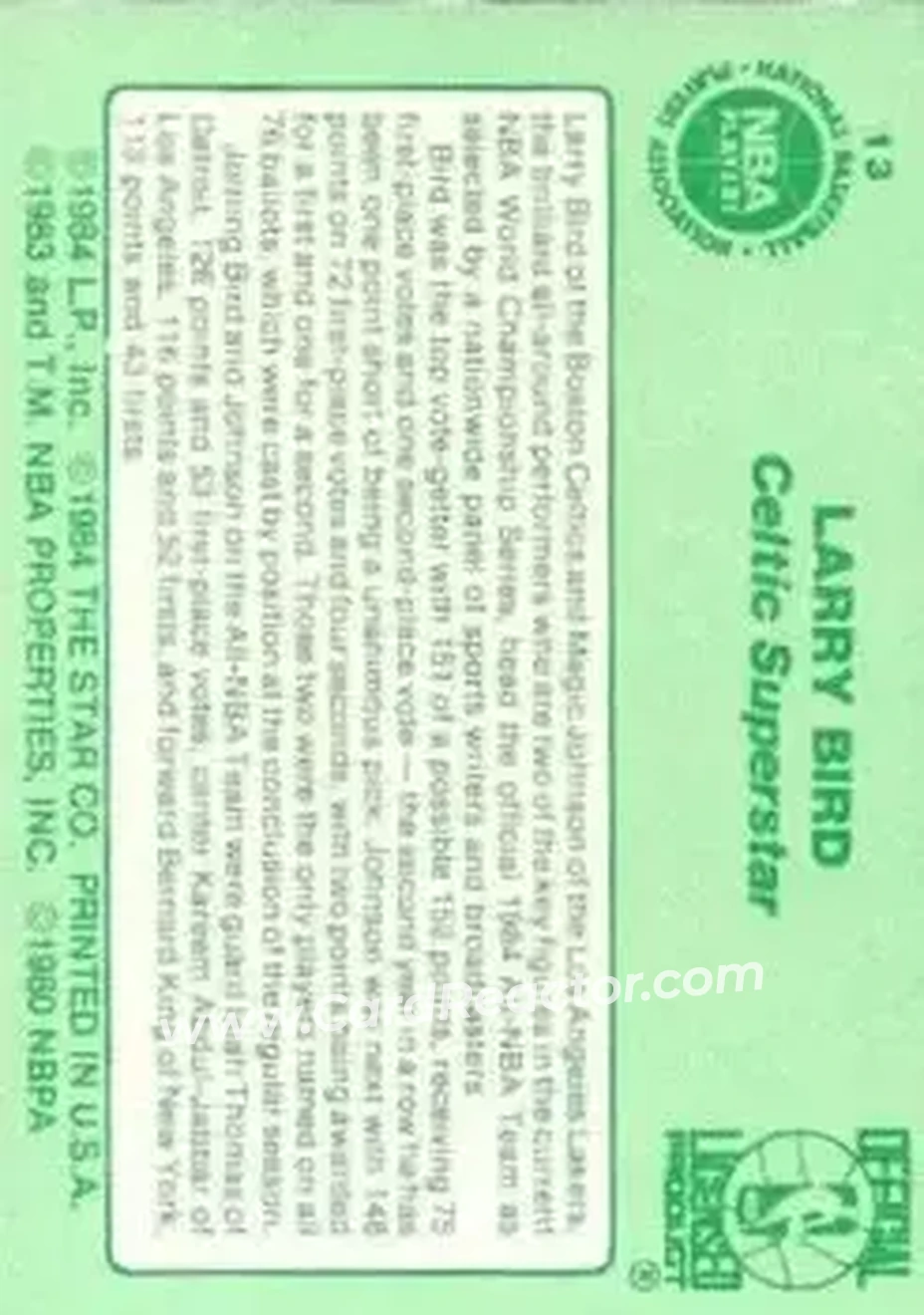 1984 Star Larry Bird #13 - Larry Bird - Boston Celtics - Back