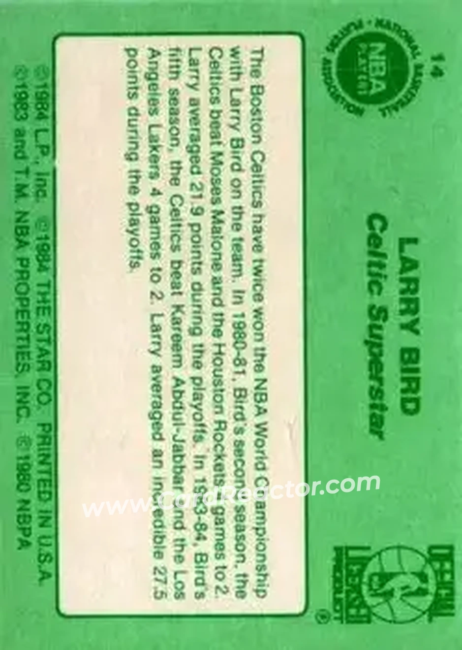 1984 Star Larry Bird #14 - Larry Bird - Boston Celtics - Back 1984 Star Larry Bird #14 - Larry Bird - Boston Celtics - Back