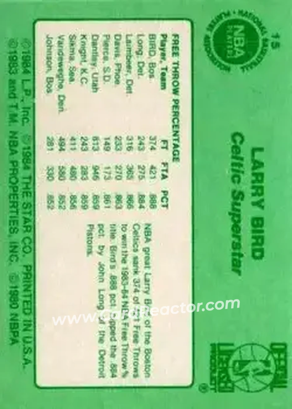 1984 Star Larry Bird #15 - Larry Bird - Boston Celtics - Back