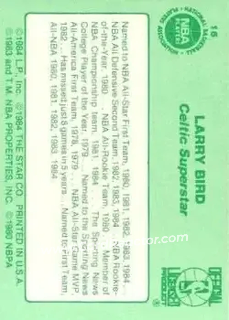 1984 Star Larry Bird #16 - Larry Bird - Boston Celtics - Back 1984 Star Larry Bird #16 - Larry Bird - Boston Celtics - Back