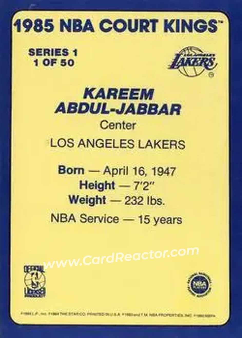 1984-85 Star Court Kings #1 - Kareem Abdul-Jabbar - Los Angeles Lakers - Back