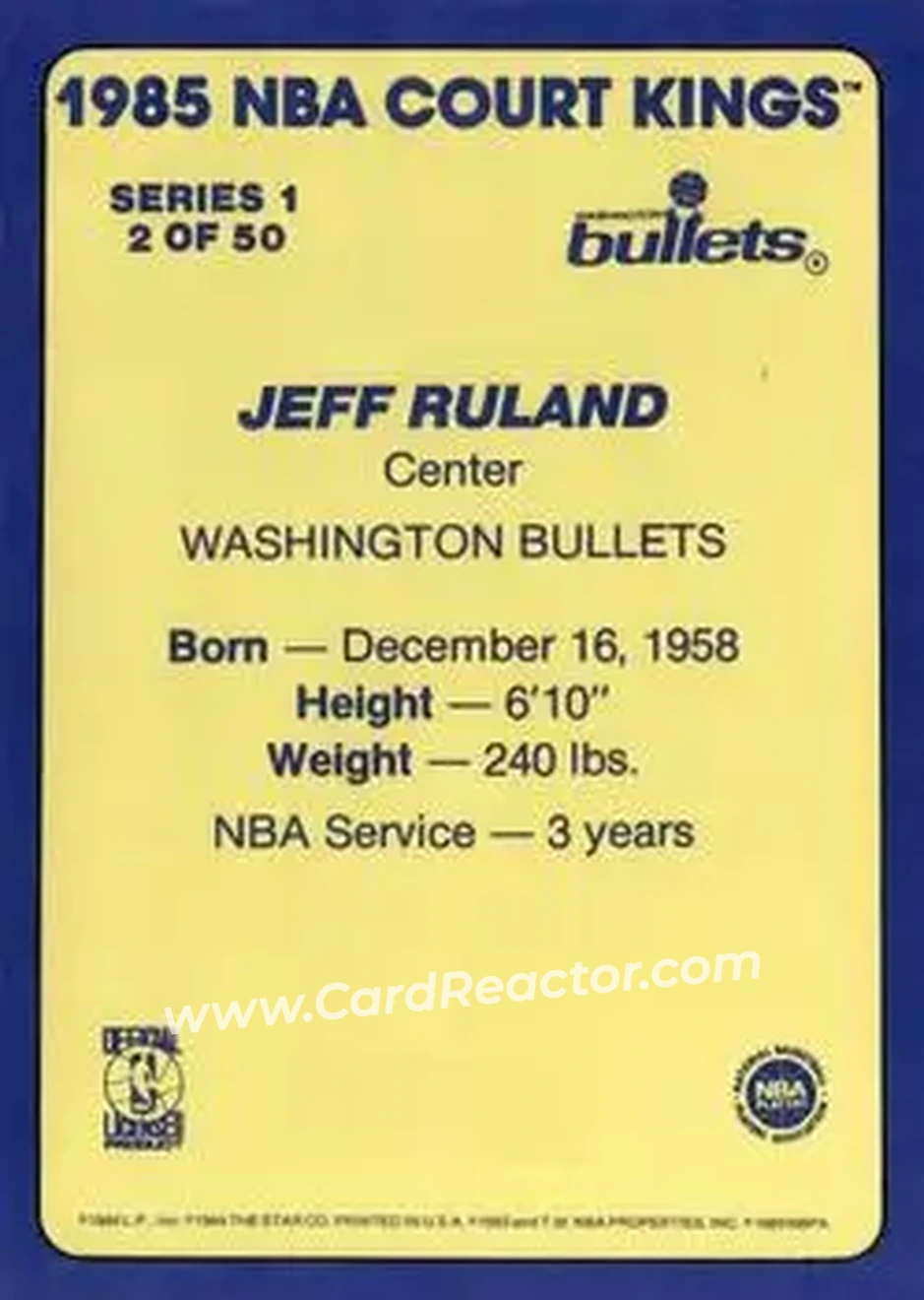 1984-85 Star Court Kings #2 - Jeff Ruland - Washington Bullets - Back
