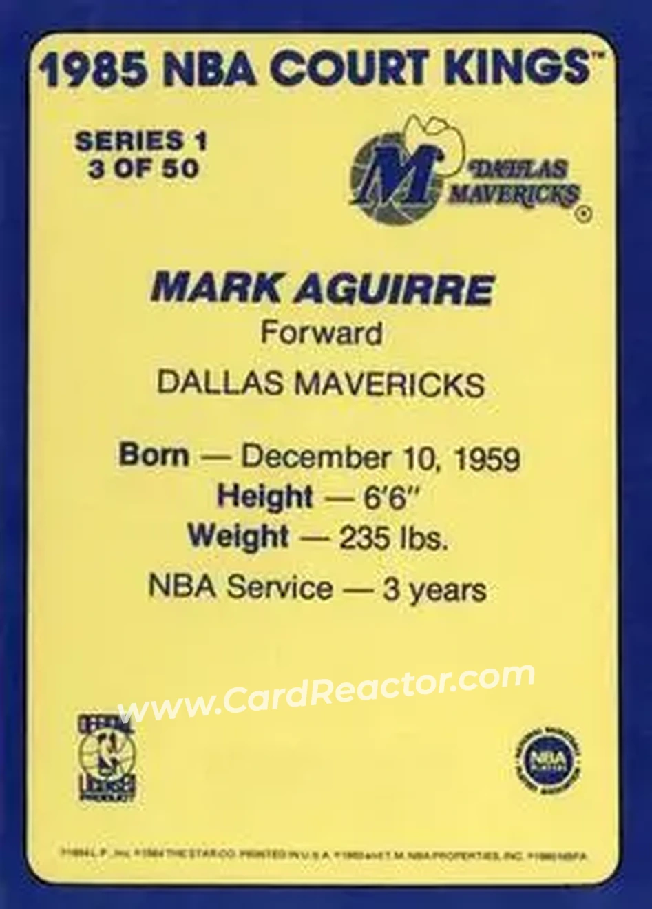 1984-85 Star Court Kings #3 - Mark Aguirre - Dallas Mavericks - Back