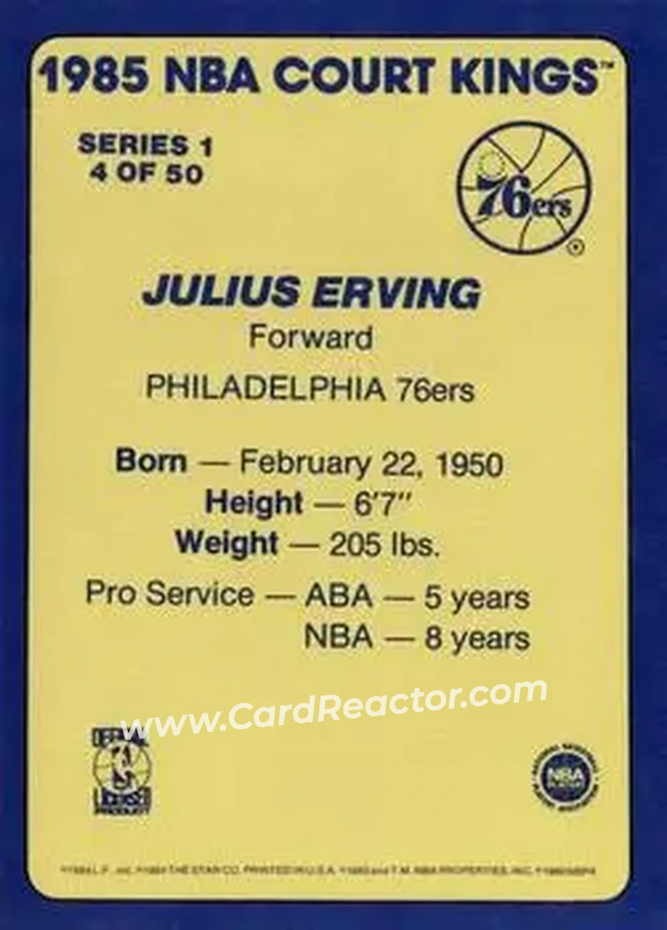1984-85 Star Court Kings #4 - Julius Erving - Philadelphia 76ers - Back