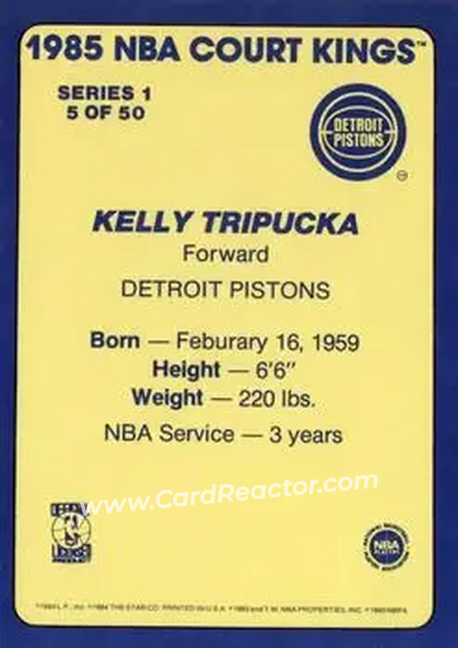 1984-85 Star Court Kings #5 - Kelly Tripucka - Detroit Pistons - Back