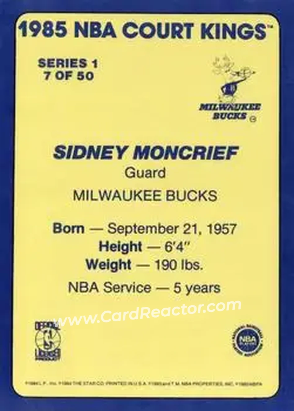 1984-85 Star Court Kings #7 - Sidney Moncrief - Milwaukee Bucks - Back 1984-85 Star Court Kings #7 - Sidney Moncrief - Milwaukee Bucks - Back