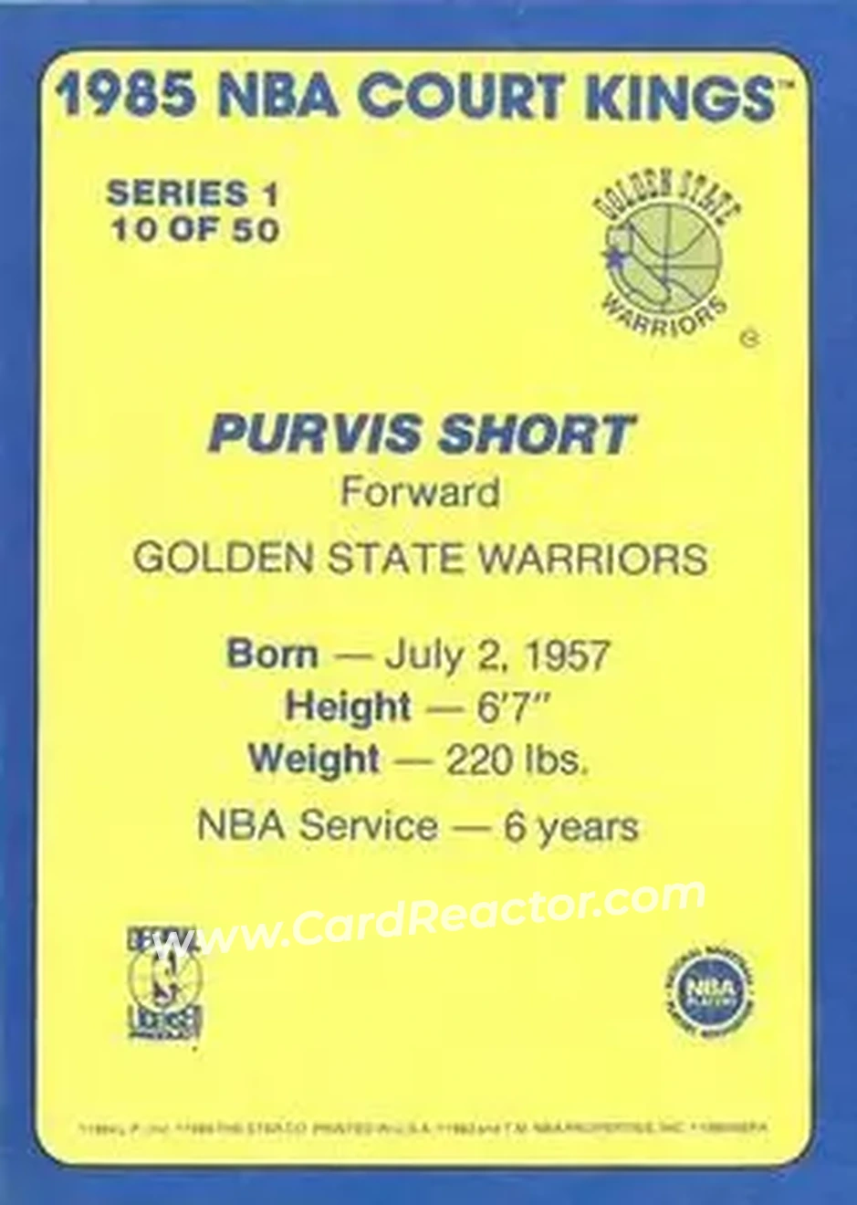 1984-85 Star Court Kings #10 - Purvis Short - Golden State Warriors - Back 1984-85 Star Court Kings #10 - Purvis Short - Golden State Warriors - Back