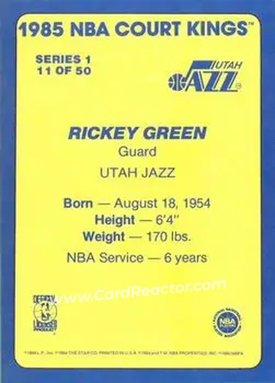 1984-85 Star Court Kings #11 - Rickey Green - Utah Jazz - Back