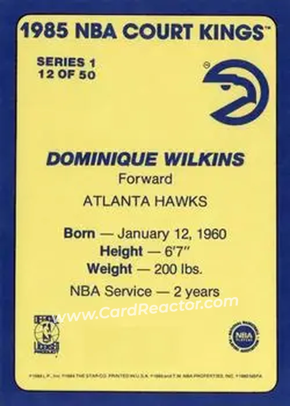 1984-85 Star Court Kings #12 - Dominique Wilkins - Atlanta Hawks - Back