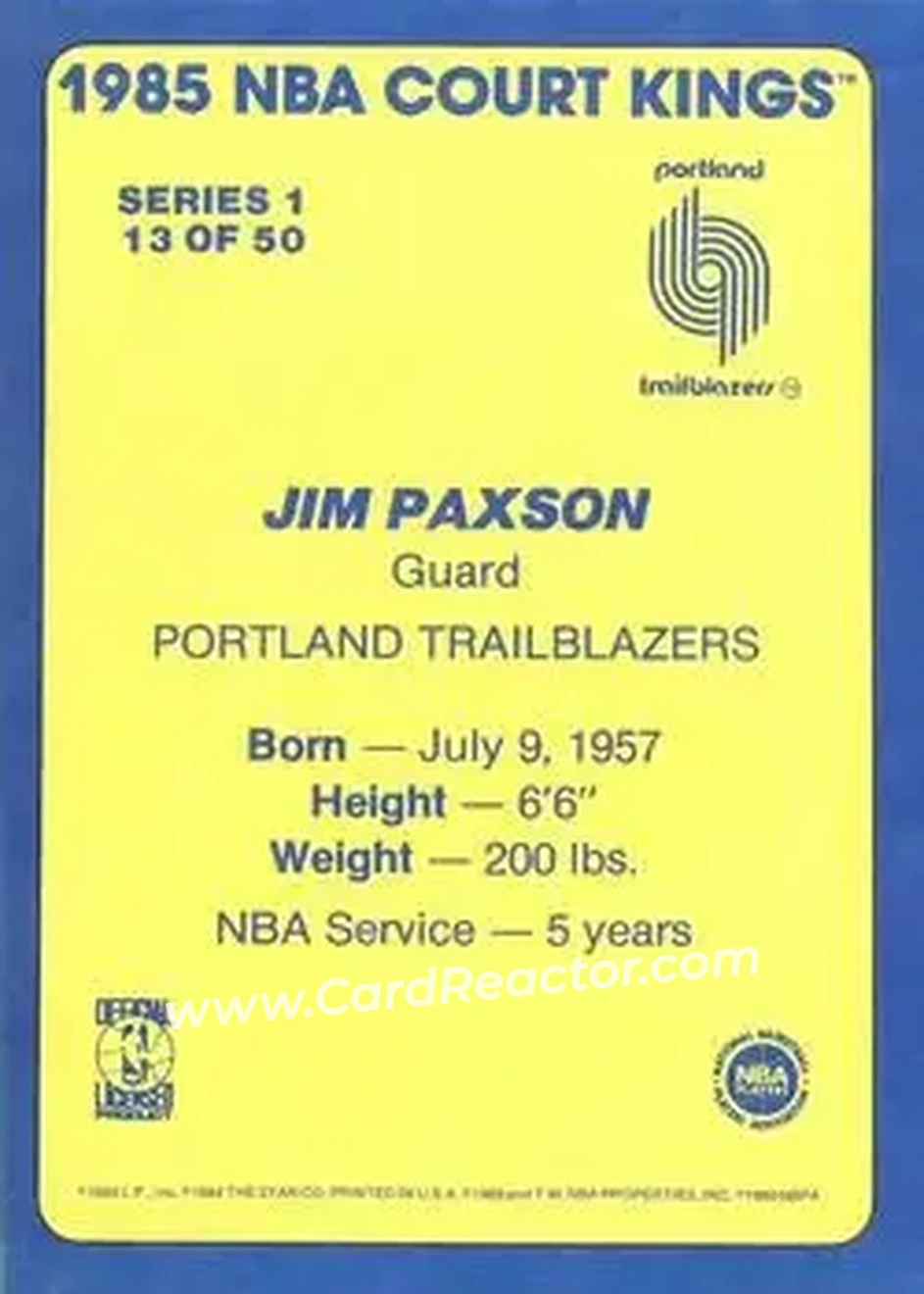 1984-85 Star Court Kings #13 - Jim Paxson - Portland Trail Blazers - Back