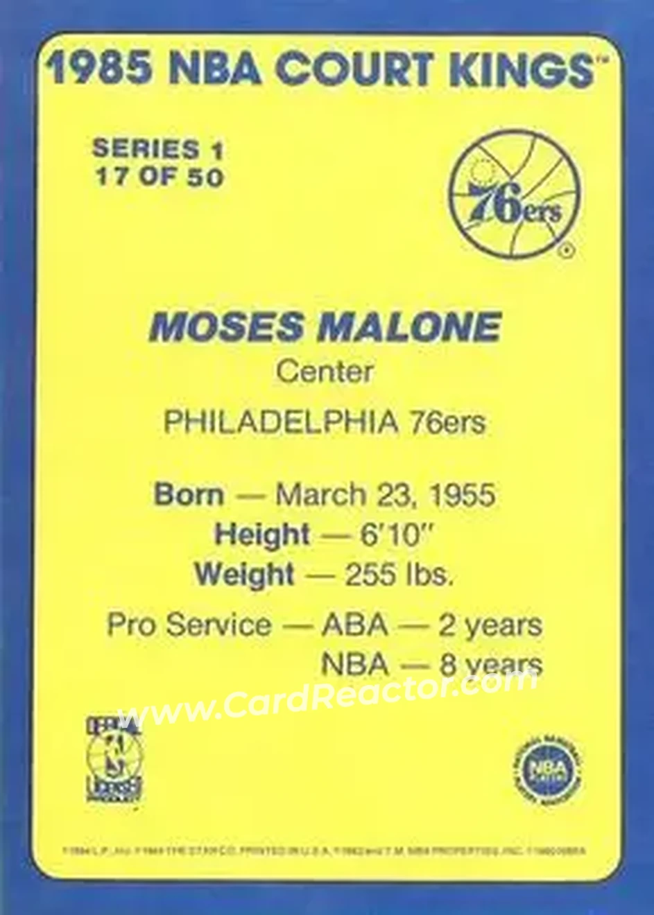 1984-85 Star Court Kings #17 - Moses Malone - Philadelphia 76ers - Back 1984-85 Star Court Kings #17 - Moses Malone - Philadelphia 76ers - Back