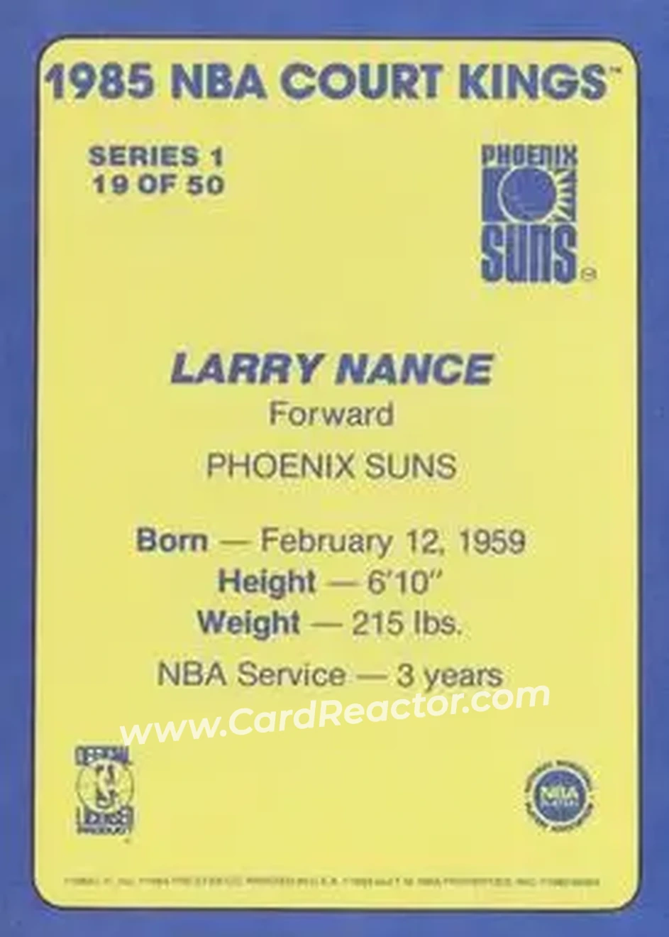 1984-85 Star Court Kings #19 - Larry Nance - Phoenix Suns - Back 1984-85 Star Court Kings #19 - Larry Nance - Phoenix Suns - Back