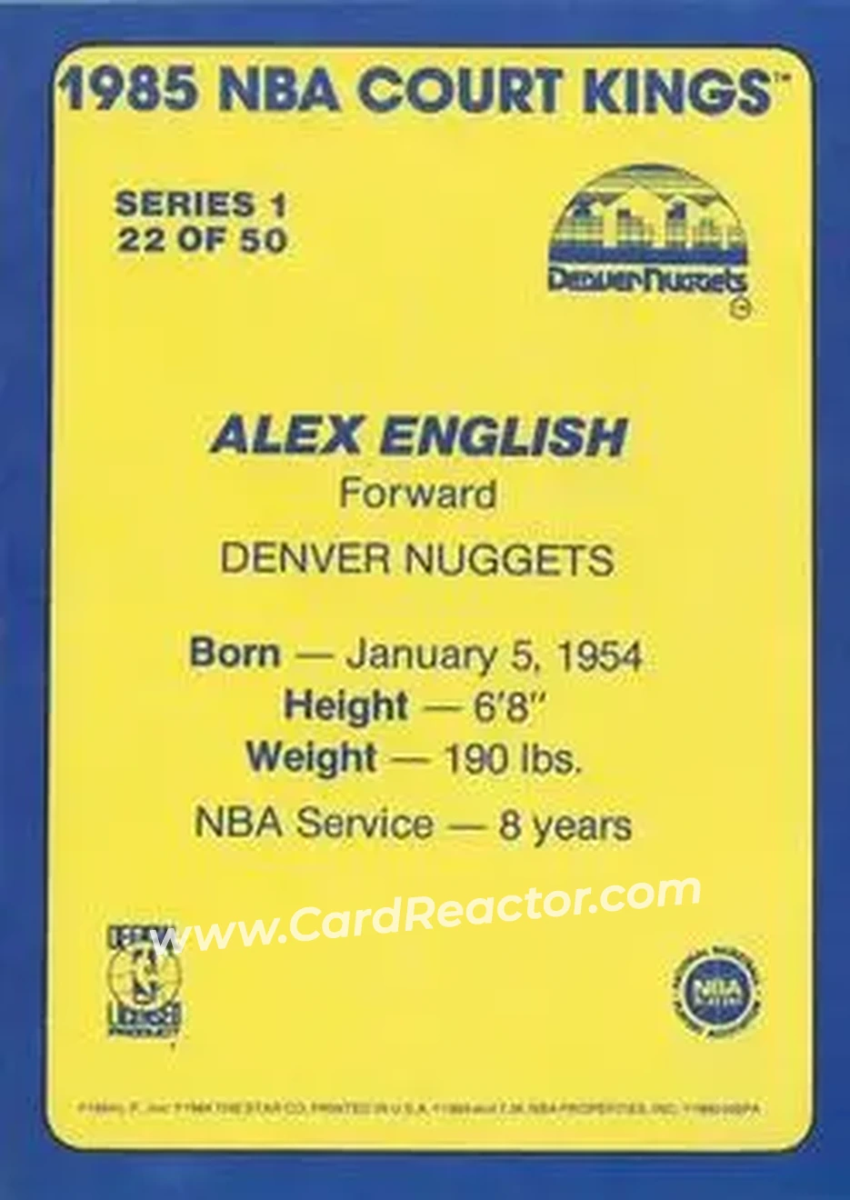 1984-85 Star Court Kings #22 - Alex English - Denver Nuggets - Back