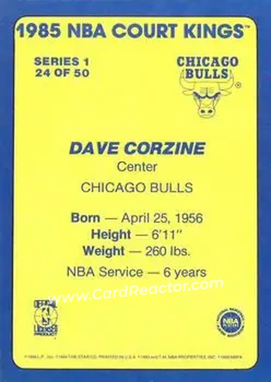 1984-85 Star Court Kings #24 - Dave Corzine - Chicago Bulls - Back