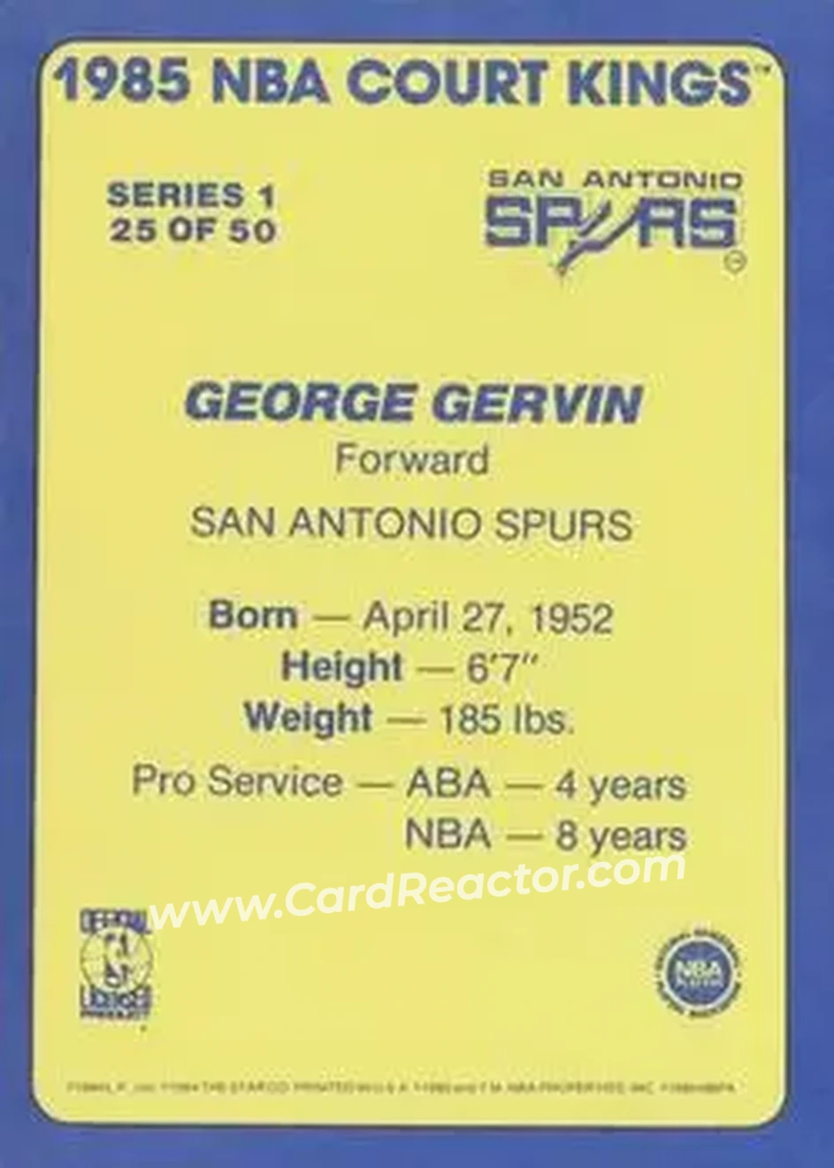 1984-85 Star Court Kings #25 - George Gervin - San Antonio Spurs - Back