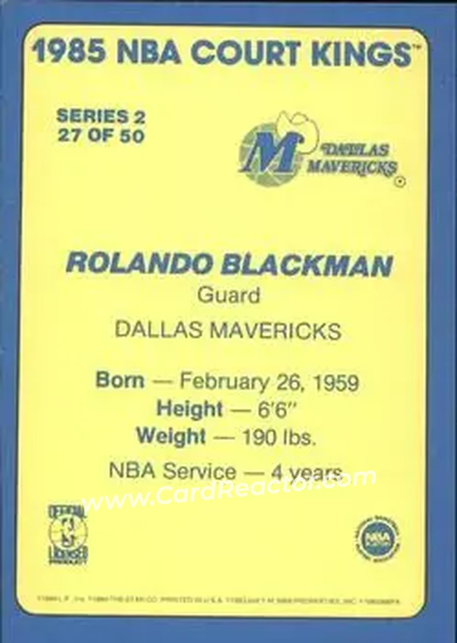 1984-85 Star Court Kings #27 - Rolando Blackman - Dallas Mavericks - Back