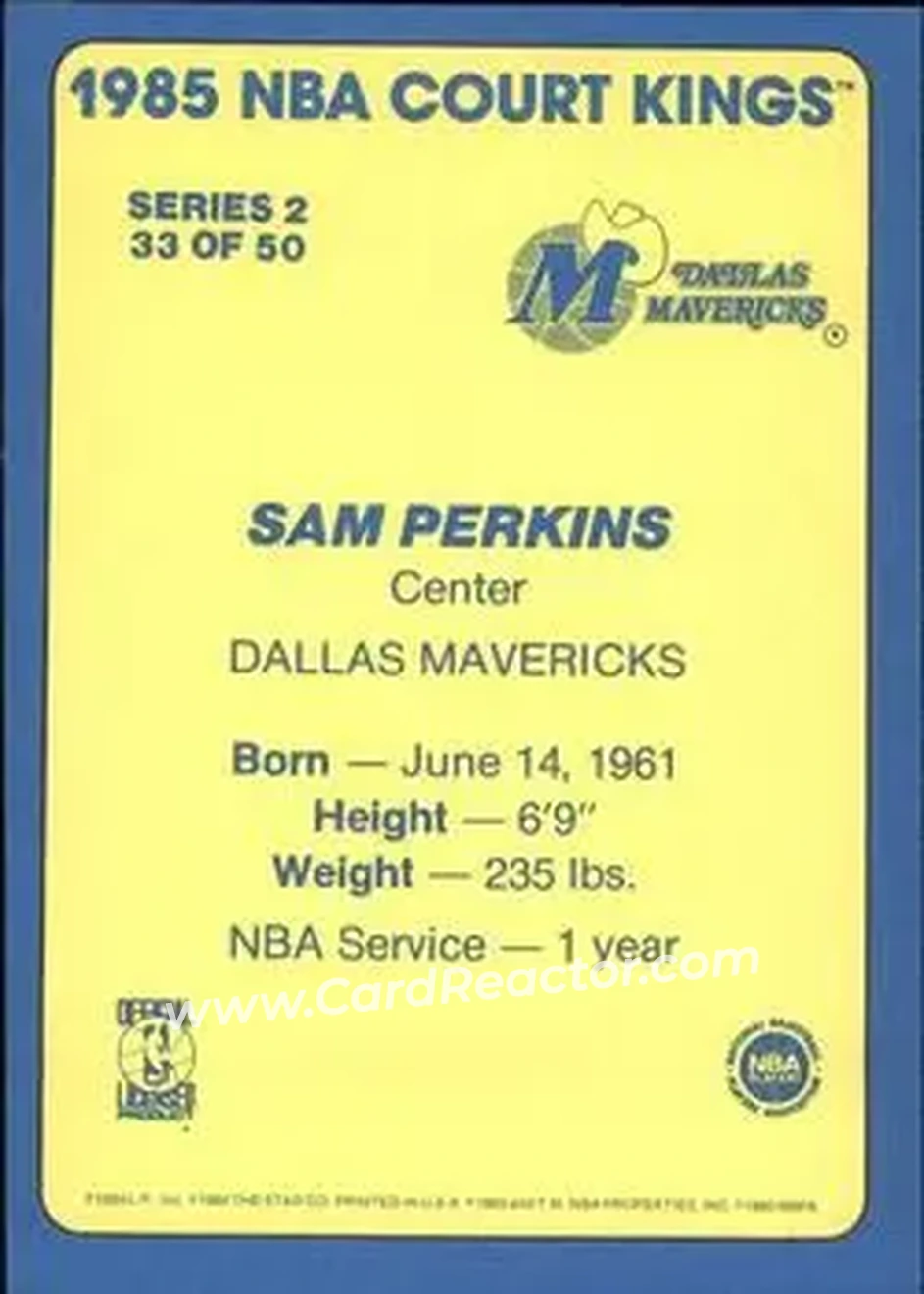 1984-85 Star Court Kings #33 - Sam Perkins - Dallas Mavericks - Back